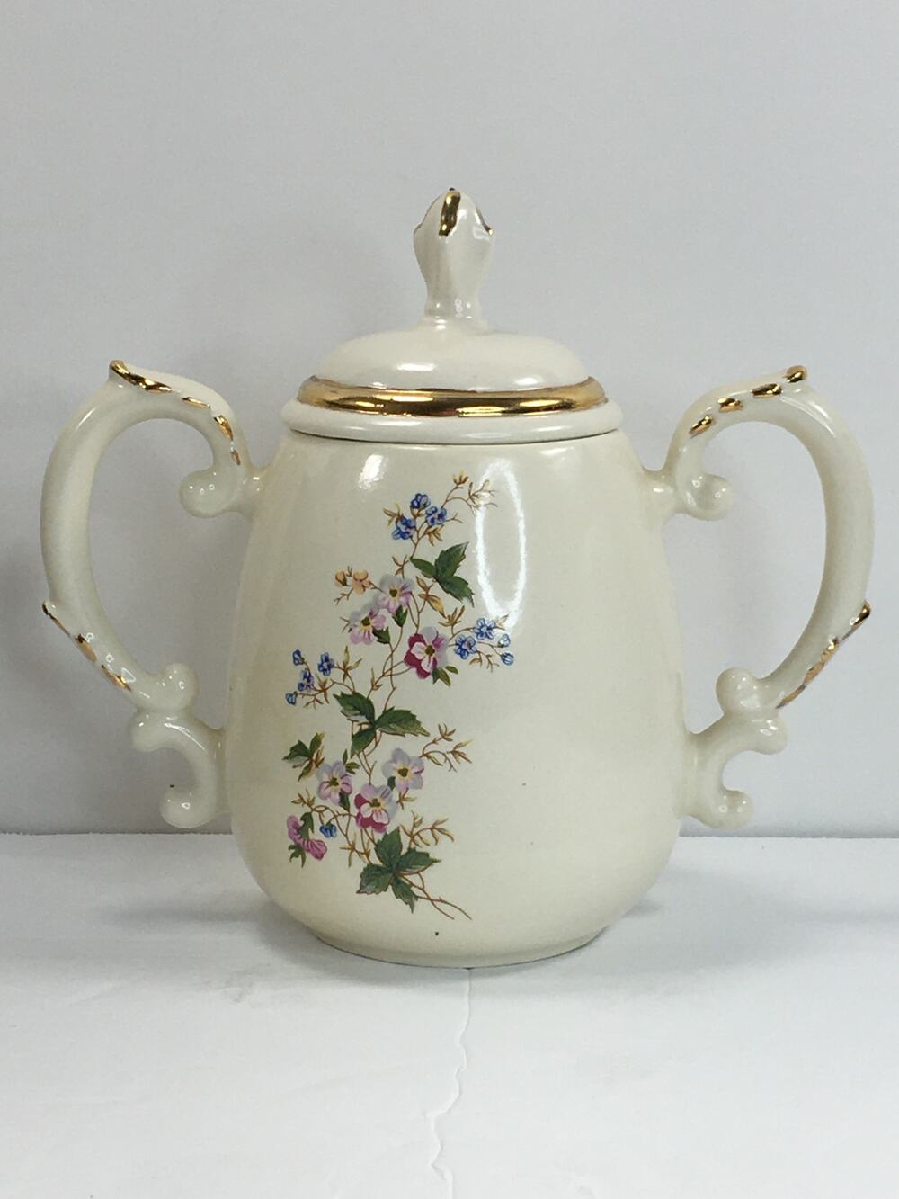Vintage Loma Pottery Tall Sugar Bowl with Lid Pink & Blue Flowers w/ Gold Trim